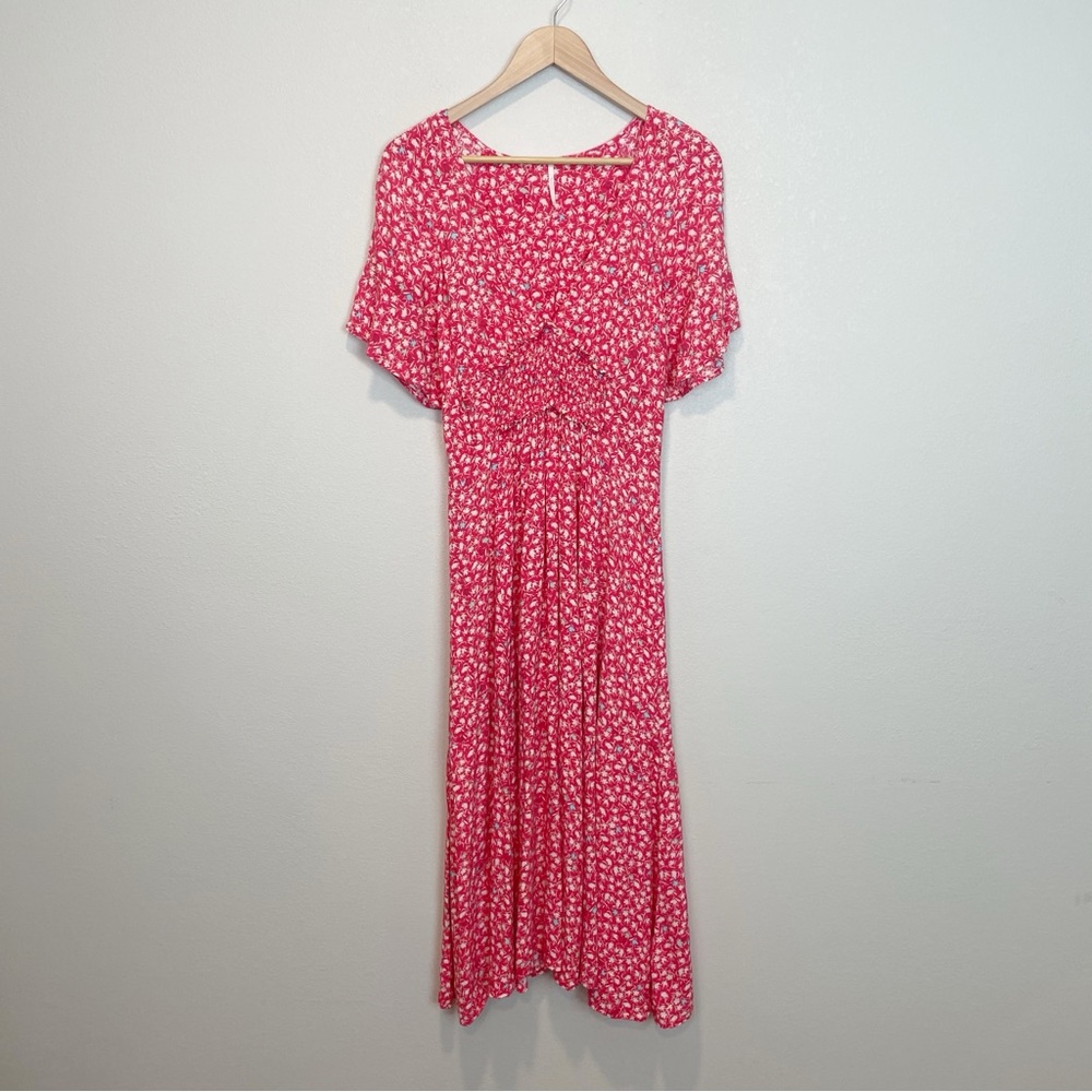 Free People In Full Bloom Red Combo Dress Floral Deep V Neck Flowy Medium **FLAW - Picture 2 of 10